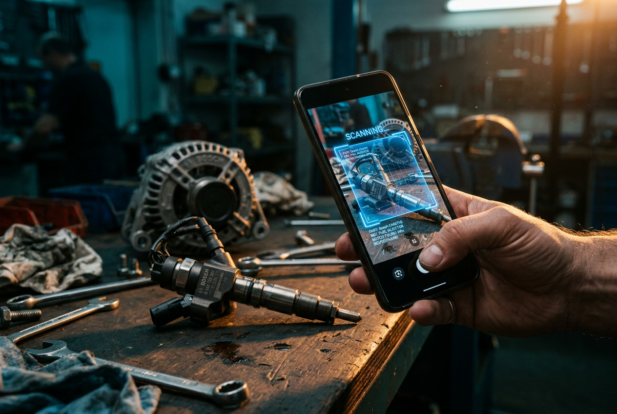 Hand holding a smartphone scanning a car part with AI to identify it