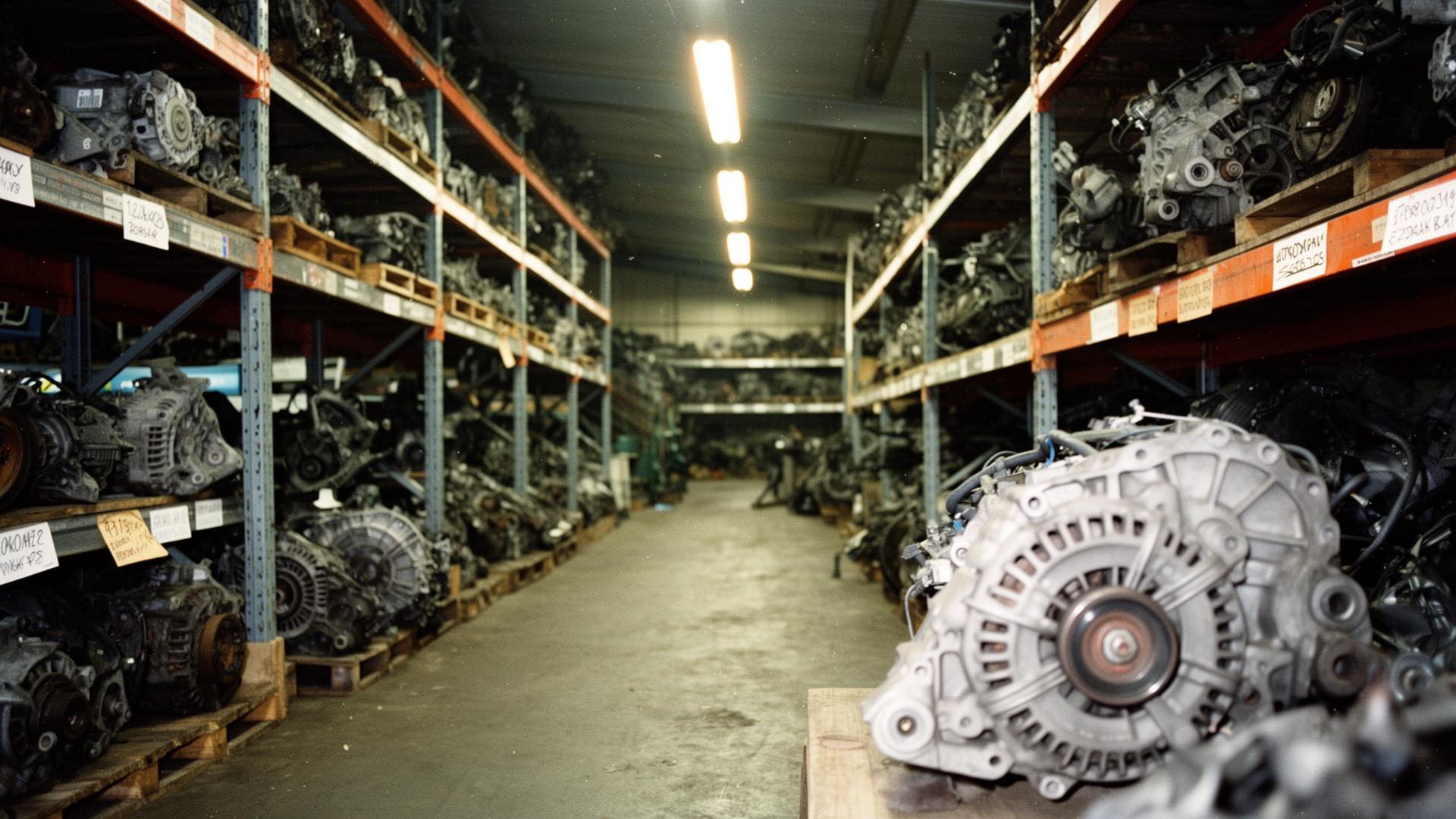 Used car parts laid out — wheels, headlights, gearboxes, alternators and more