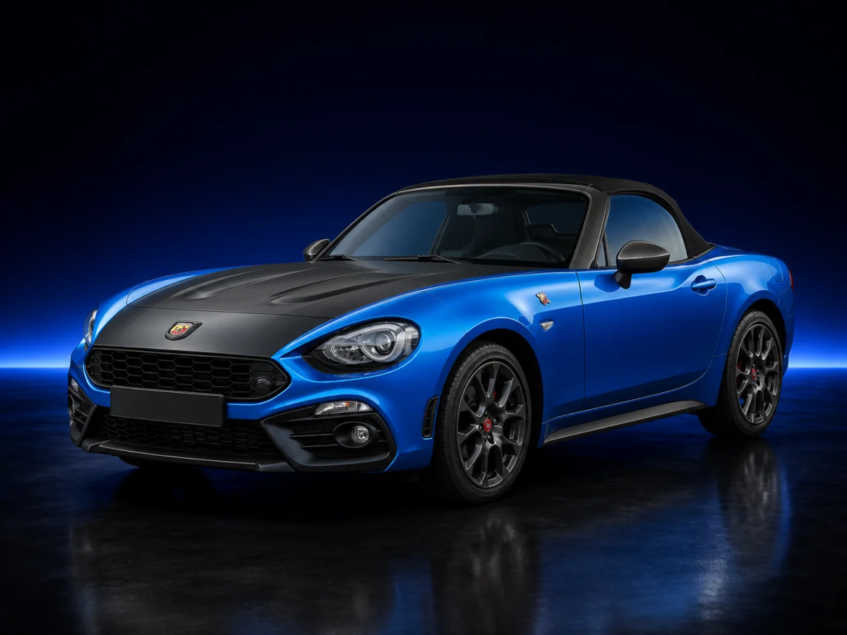 Blue Abarth 124 Spider roadster on a deep navy and cobalt studio background.