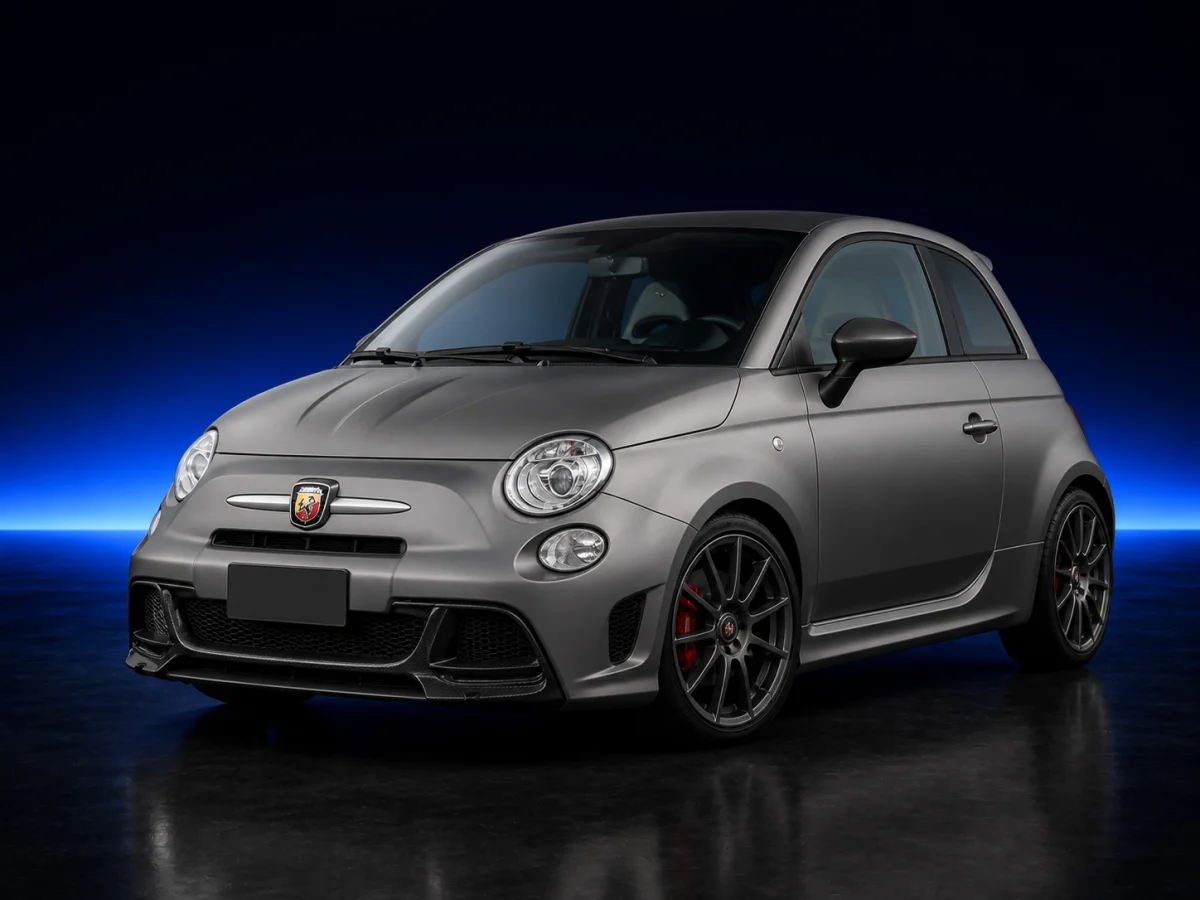 Matte grey Abarth 695 Biposto on a deep navy and cobalt studio background.