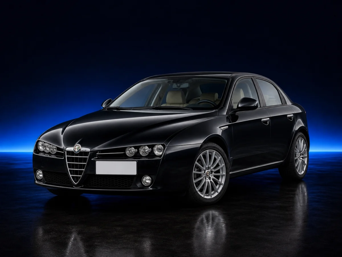 Black Alfa Romeo 159 type 939 saloon on a deep navy and cobalt studio background.