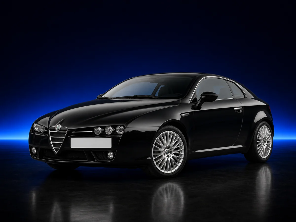 Black Alfa Romeo Brera type 939 coupe on a deep navy and cobalt studio background.
