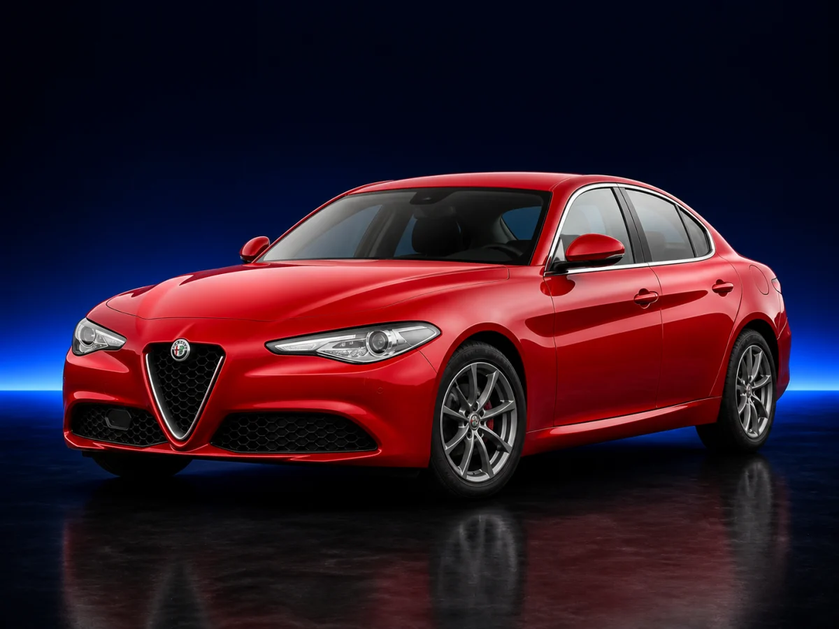Red Alfa Romeo Giulia 952 saloon on a deep navy and cobalt studio background.