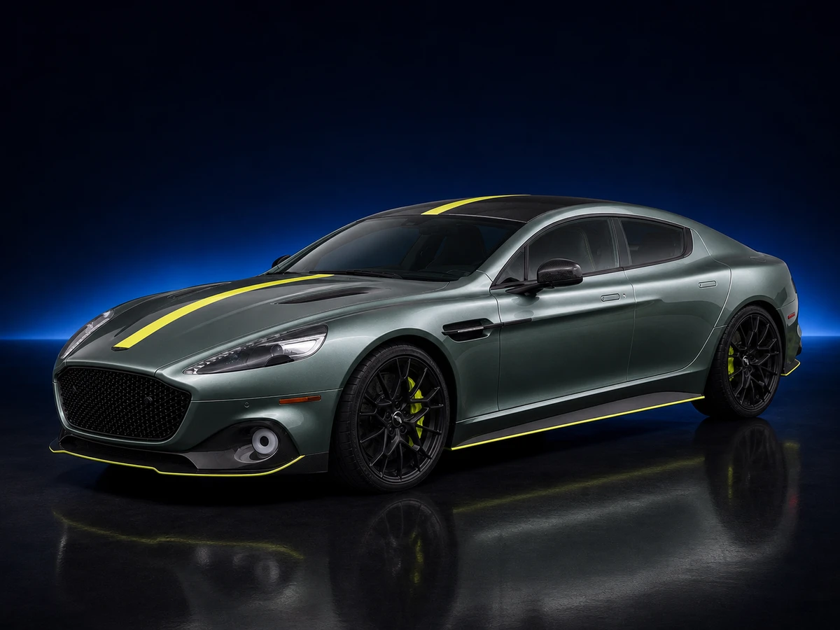Green Aston Martin Rapide AMR liftback on a deep navy and cobalt studio background.