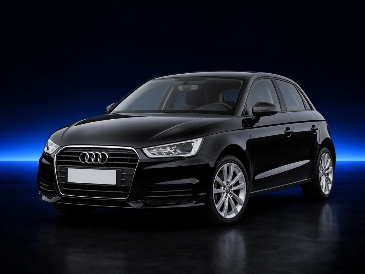 Black Audi A1 8X Sportback viewed from the front three-quarter angle.