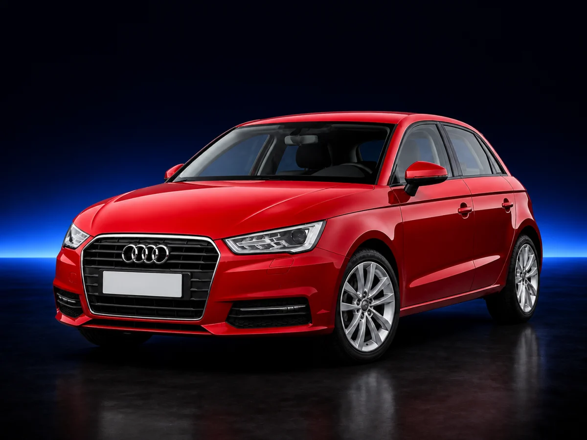 Red Audi A3 8V Sportback viewed from the front three-quarter angle.