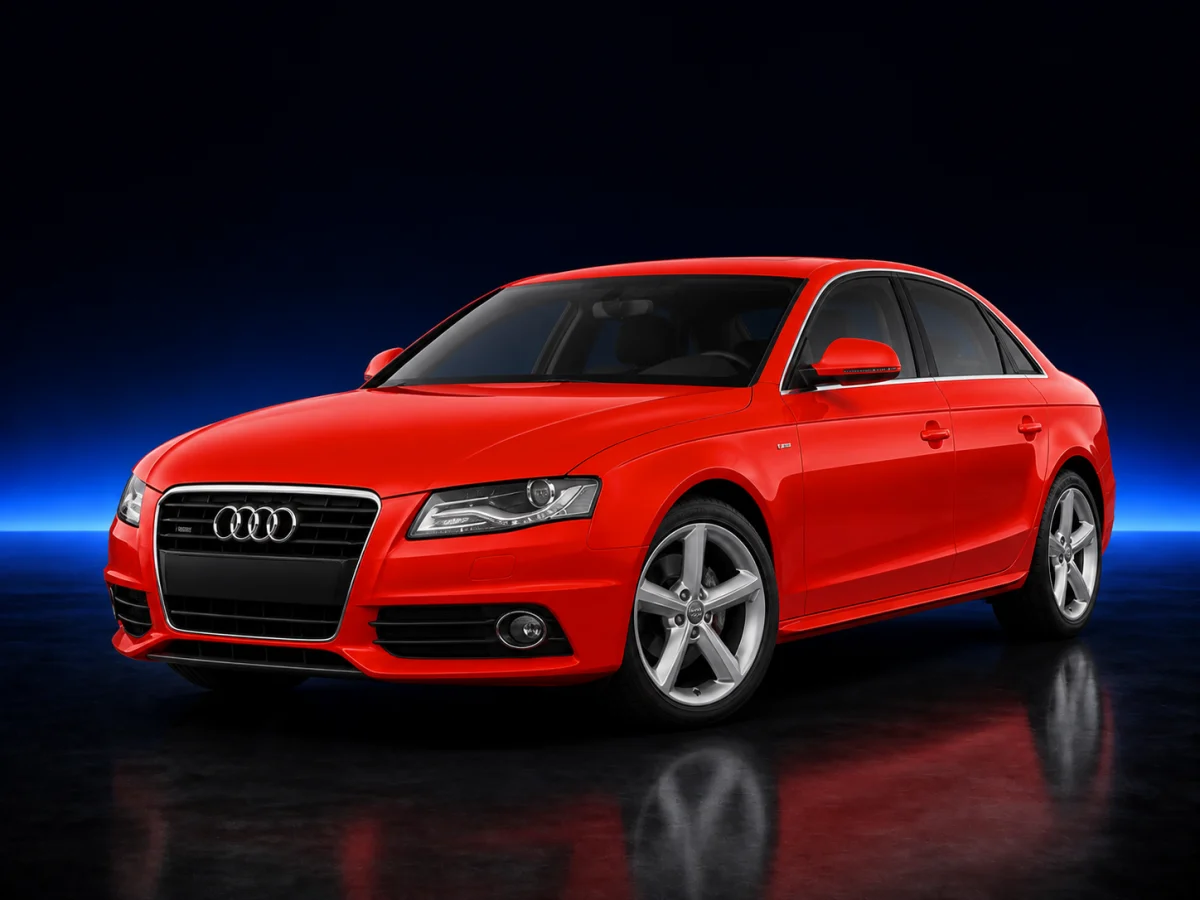 Red Audi A4 B8 saloon viewed from the front three-quarter angle.