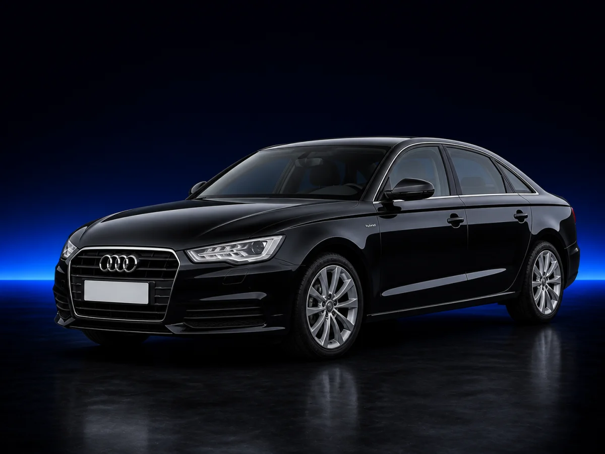 Black Audi A6 C7 hybrid saloon viewed from the front three-quarter angle.