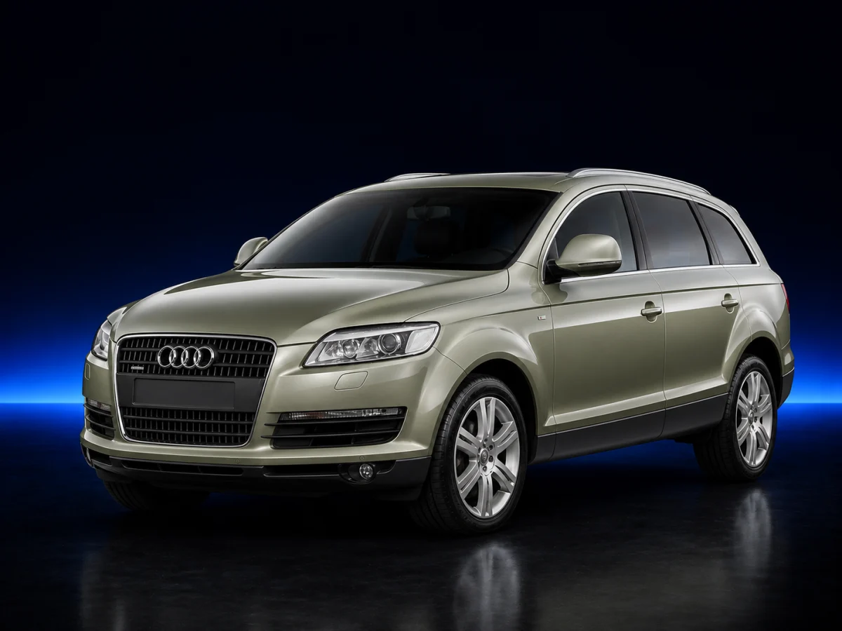 Green Audi Q7 4L viewed from the front three-quarter angle.