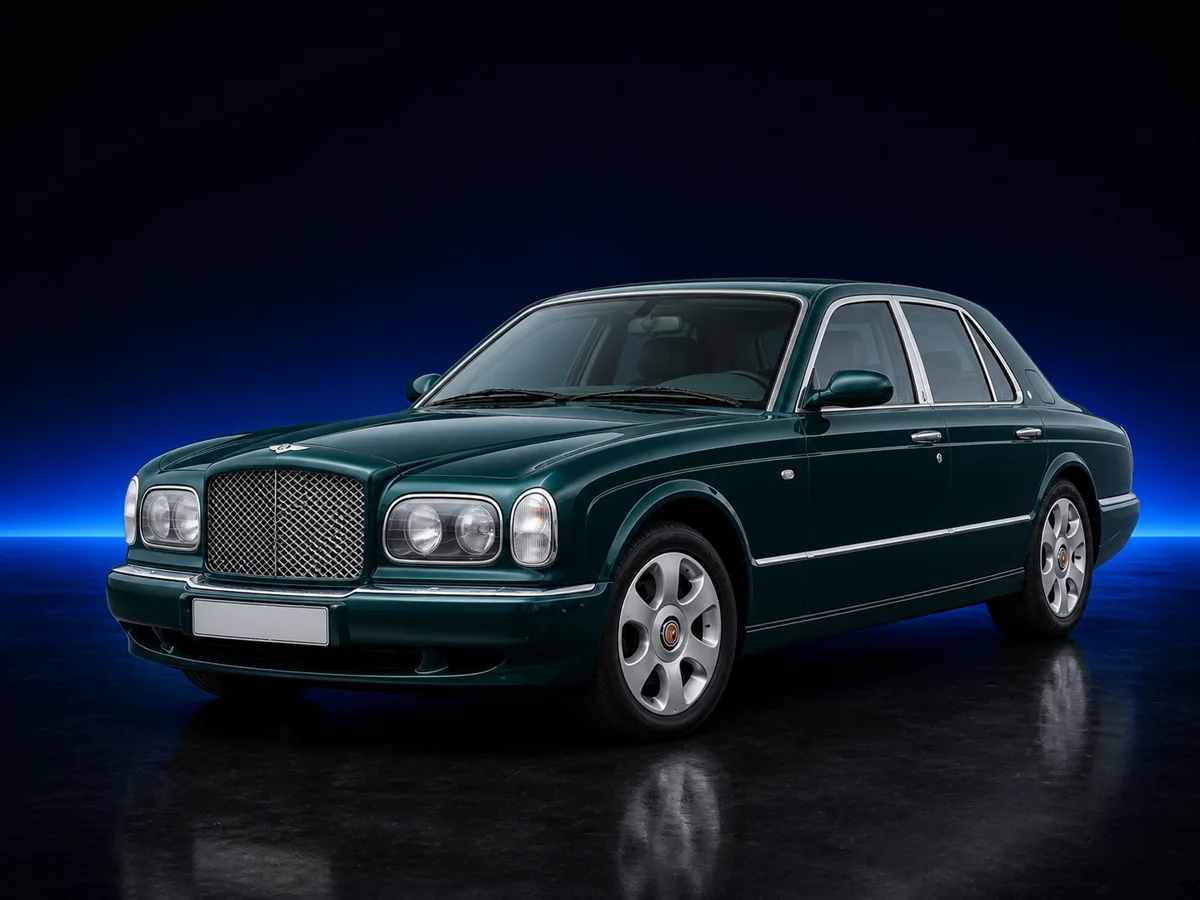 Green Bentley Arnage on a deep navy and cobalt studio background.