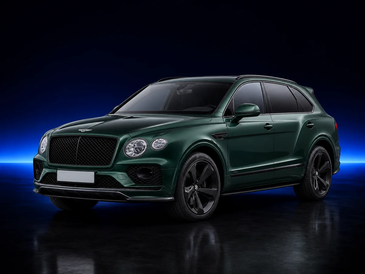 Green Bentley Bentayga on a deep navy and cobalt studio background.