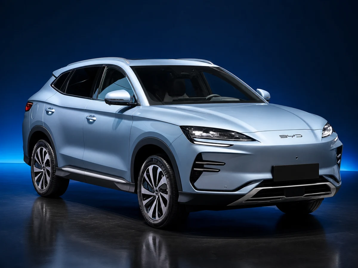 Pale-blue first-generation BYD Seal U electric SUV on a deep navy and cobalt studio background.