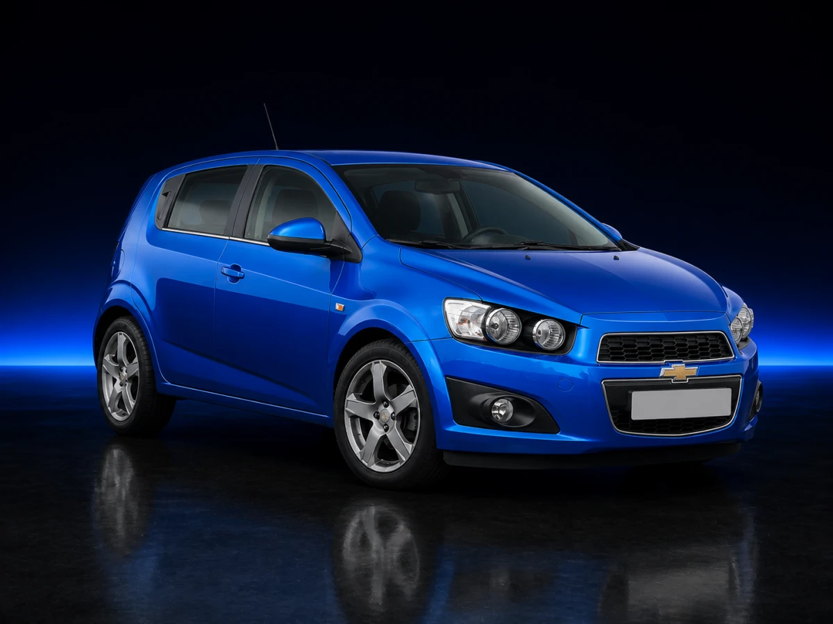 Blue Chevrolet Aveo II T300 LTZ five-door hatchback on a deep navy and cobalt studio background.