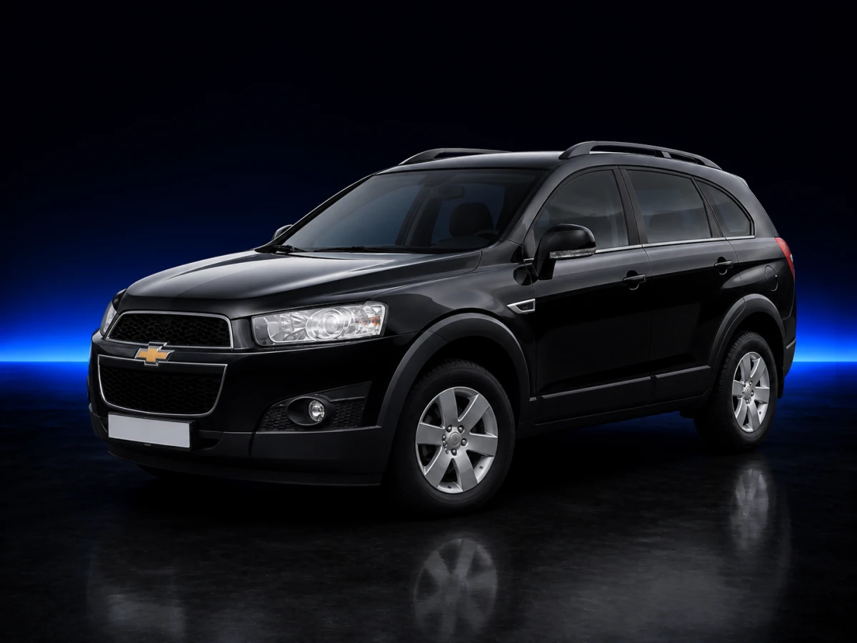 Black Chevrolet Captiva I C100 facelift SUV on a deep navy and cobalt studio background.