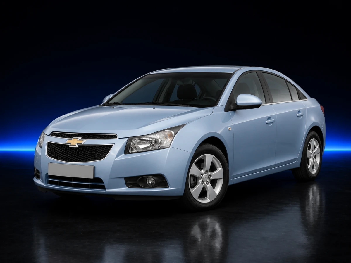 Light blue Chevrolet Cruze I J300 saloon on a deep navy and cobalt studio background.