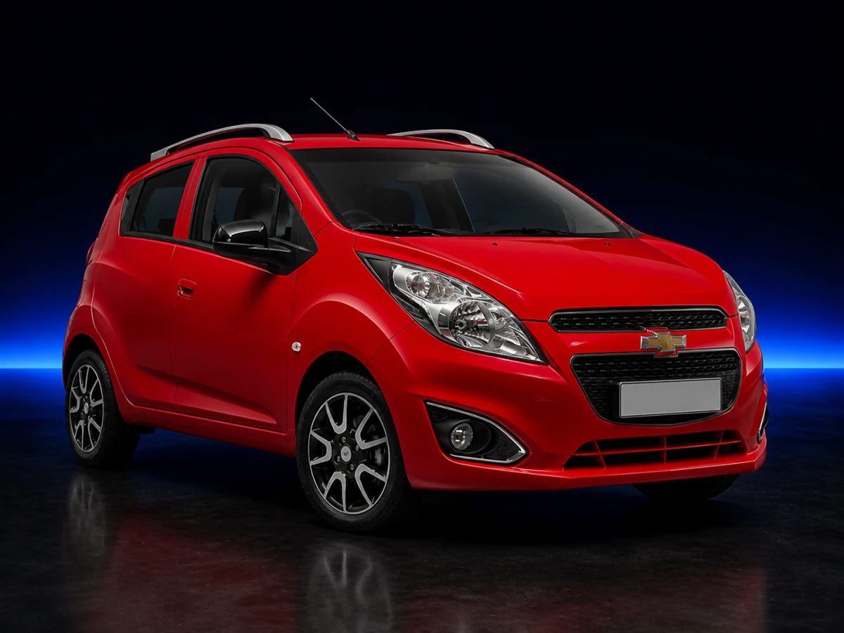 Red Chevrolet Spark III M300 facelift five-door hatchback on a deep navy and cobalt studio background.
