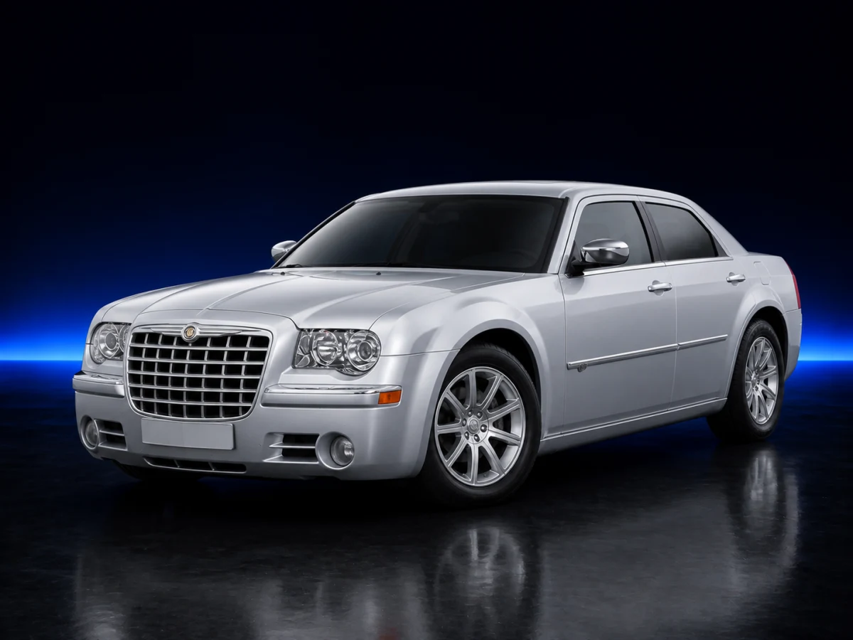 Silver Chrysler 300C I LX saloon on a deep navy and cobalt studio background.