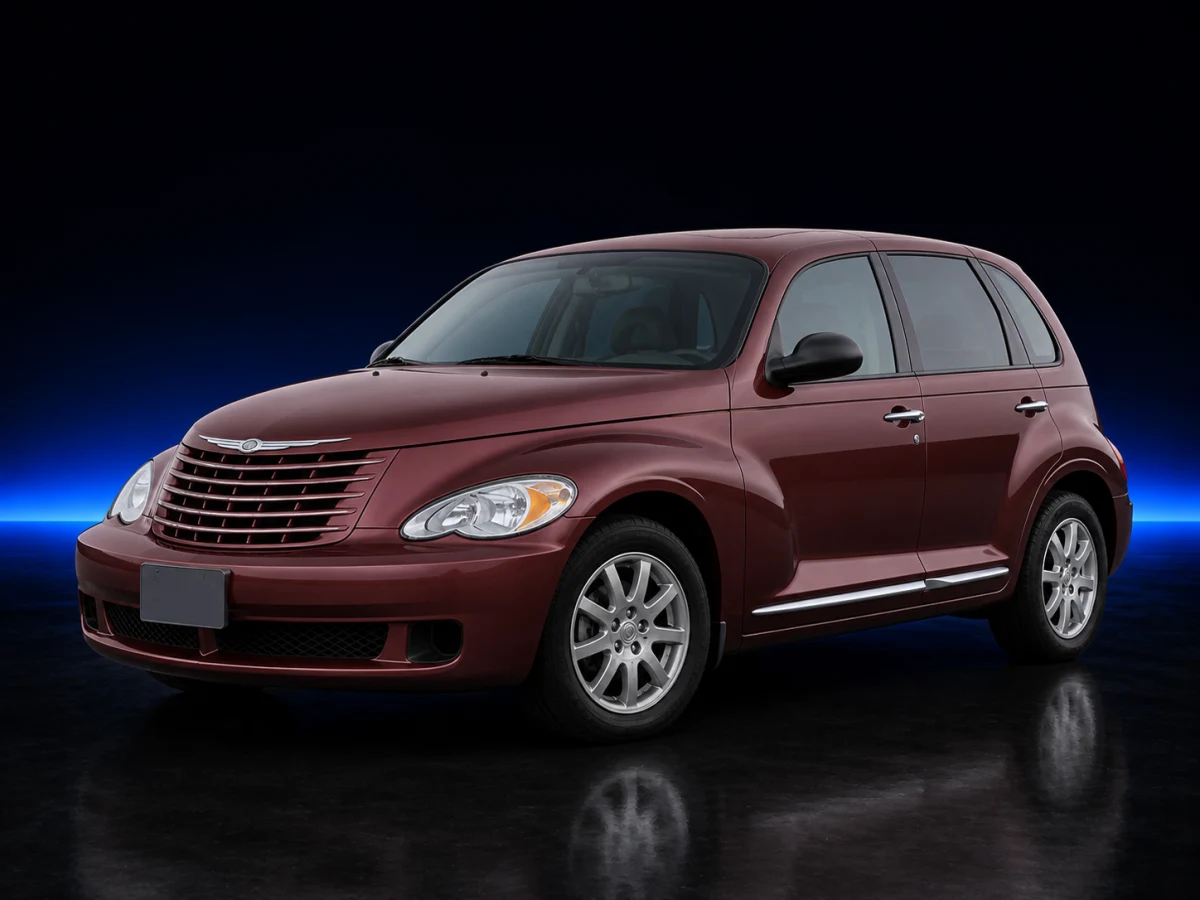 Maroon Chrysler PT Cruiser I facelift hatchback on a deep navy and cobalt studio background.