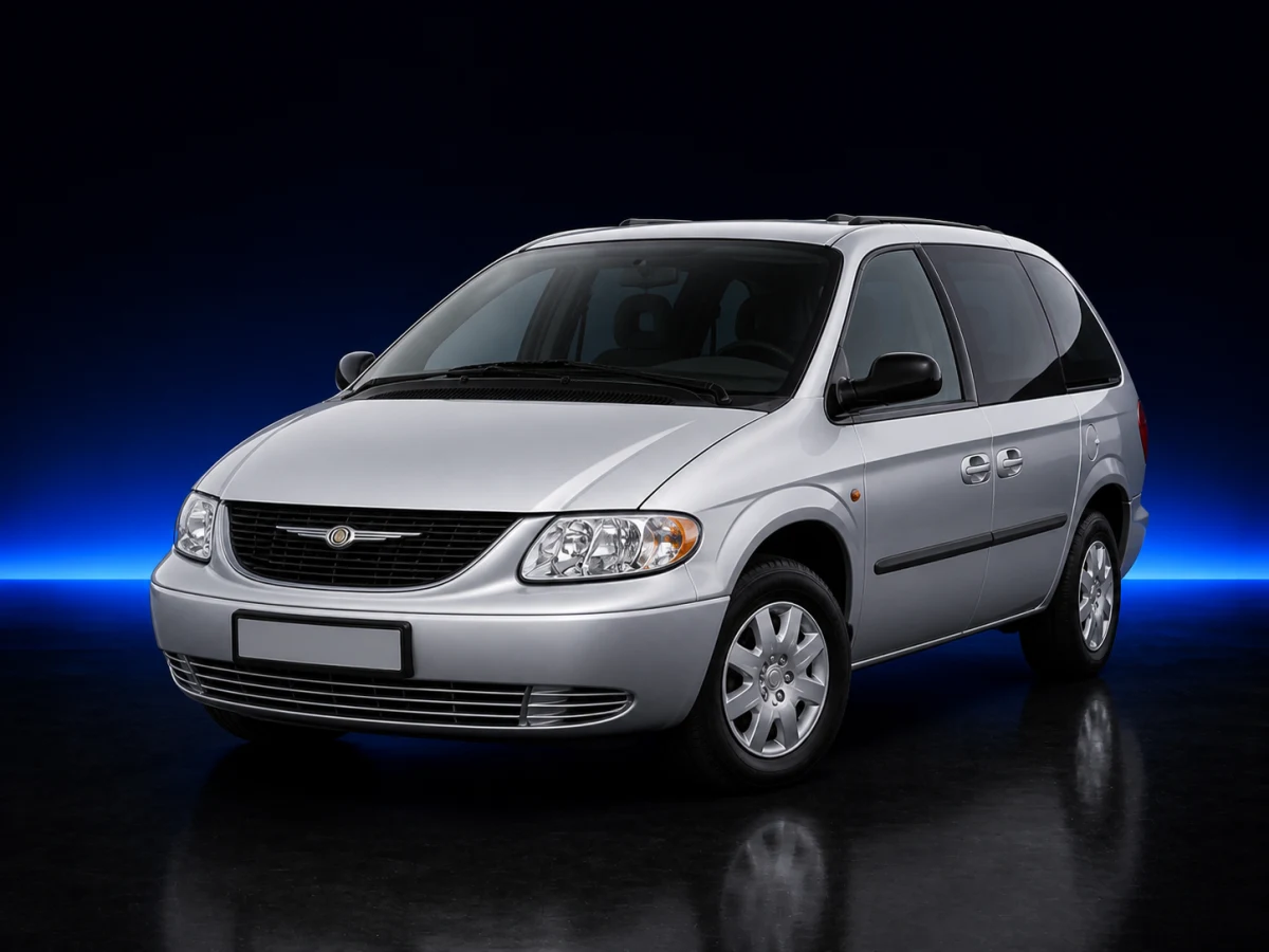 Silver Chrysler Voyager IV RG short-wheelbase minivan on a deep navy and cobalt studio background.