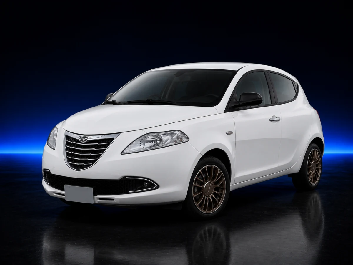 White Chrysler Ypsilon I 846 five-door hatchback on a deep navy and cobalt studio background.