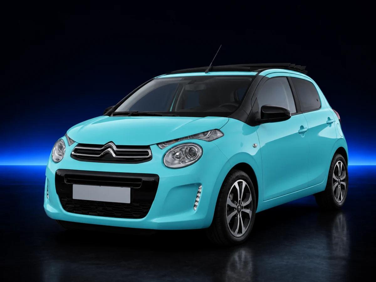 Turquoise Citroen C1 II Airscape on a deep navy and cobalt studio background.