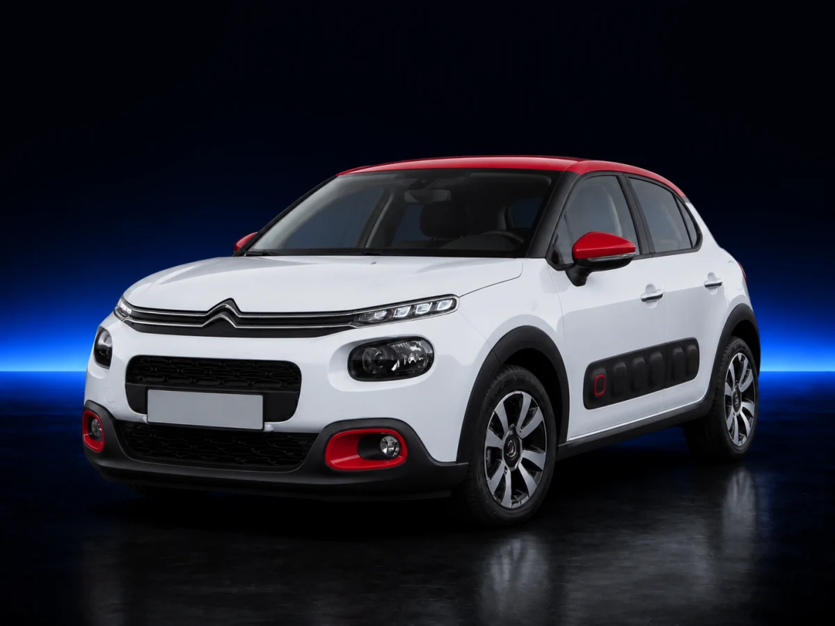 White and red Citroen C3 III on a deep navy and cobalt studio background.