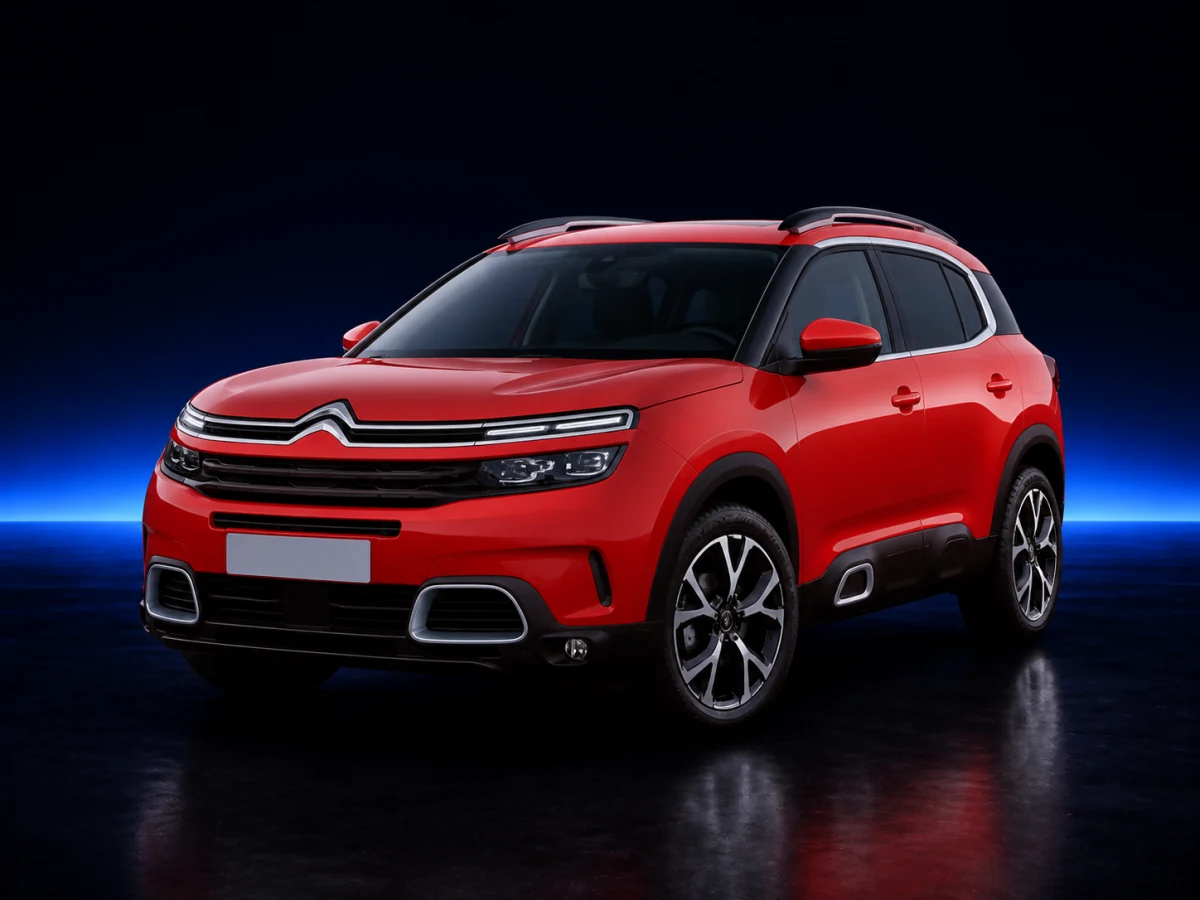 Red Citroen C5 Aircross on a deep navy and cobalt studio background.
