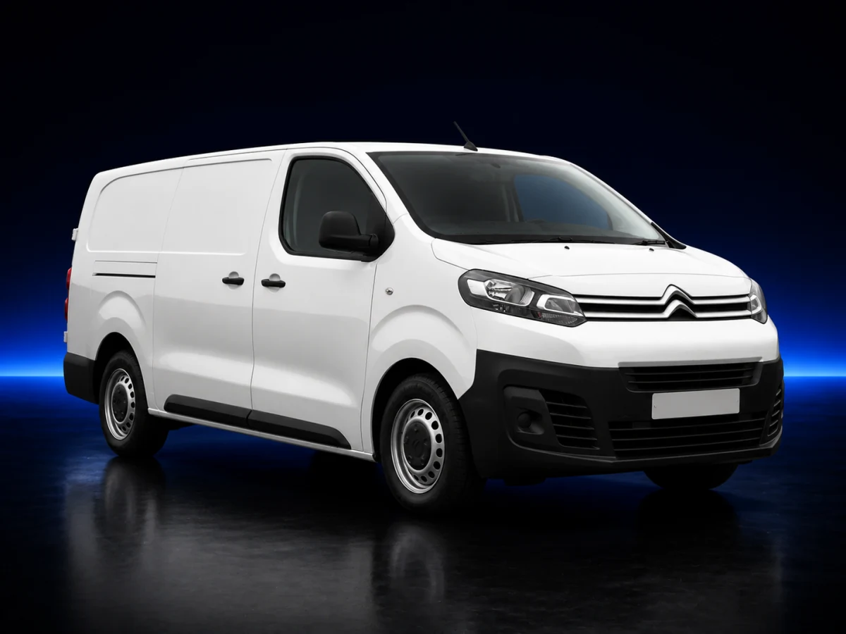 White Citroen Dispatch III panel van on a deep navy and cobalt studio background.