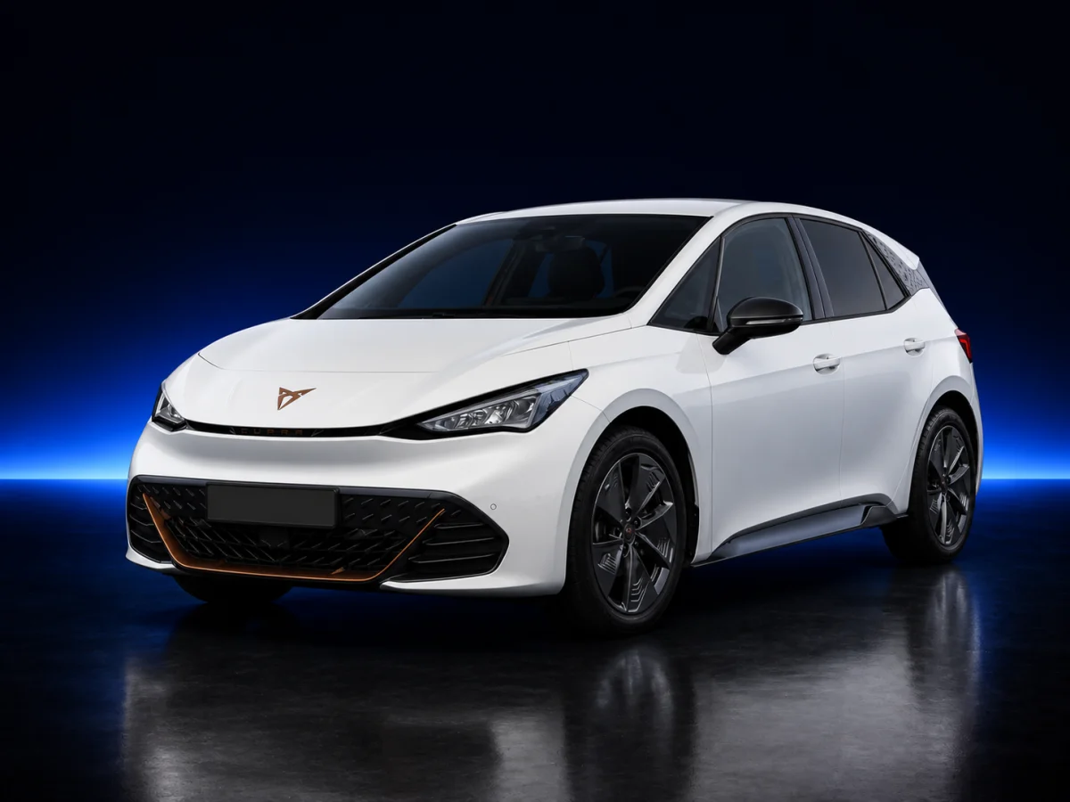 White Cupra Born V1 on a deep navy and cobalt studio background.