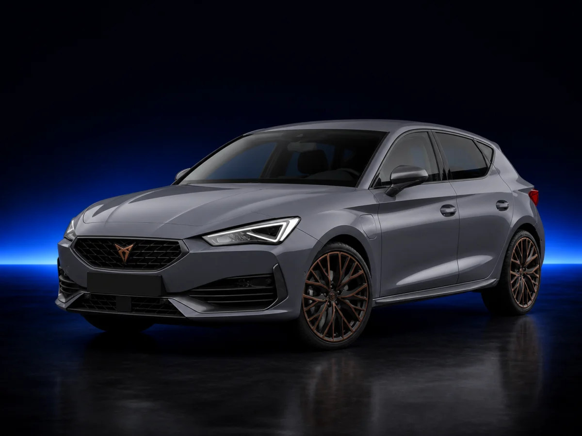Grey Cupra Leon Mk4 hatchback on a deep navy and cobalt studio background.