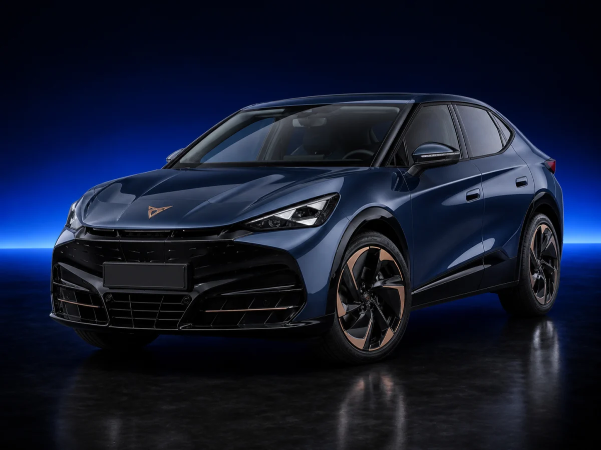 Blue production Cupra Tavascan VZ on a deep navy and cobalt studio background.