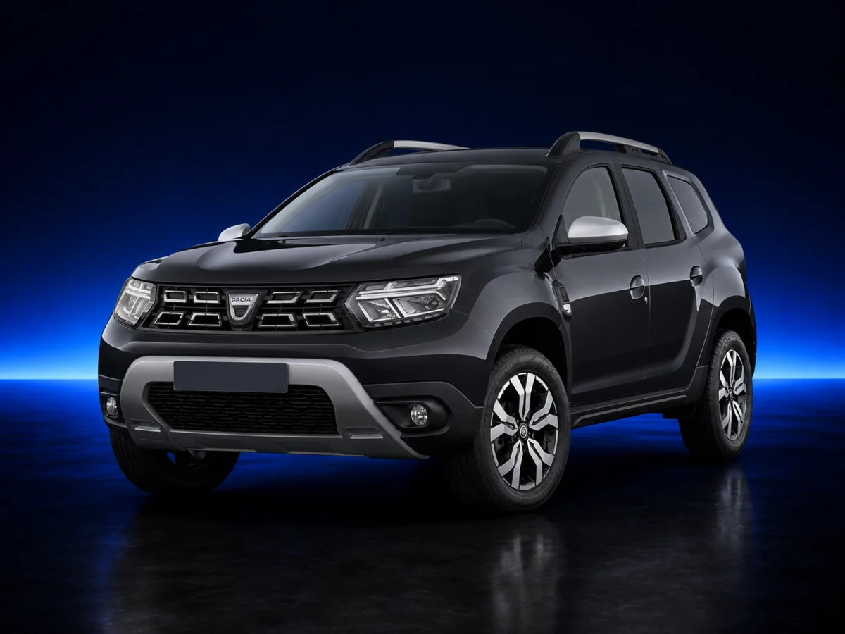 Dark charcoal Dacia Duster second-generation facelift on a deep navy and cobalt studio background.