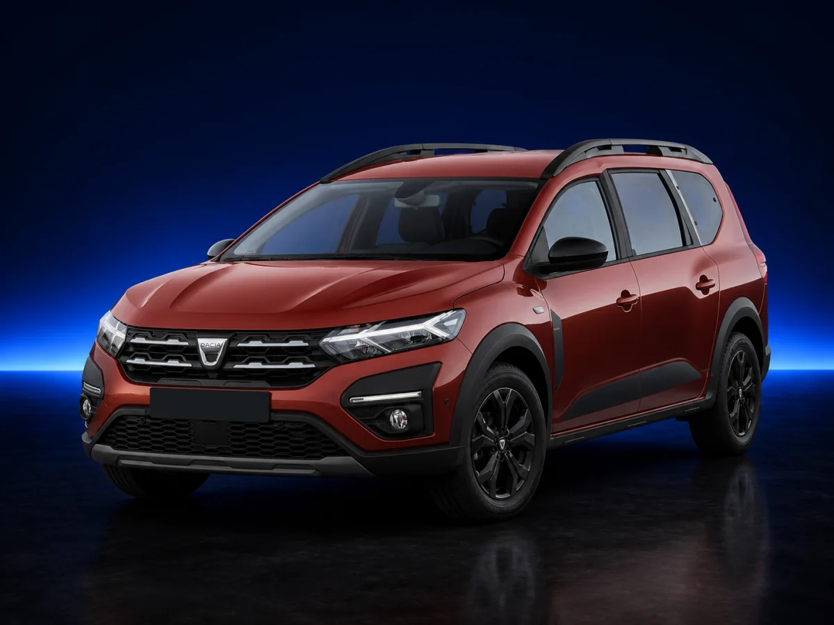 Copper-red Dacia Jogger first generation on a deep navy and cobalt studio background.