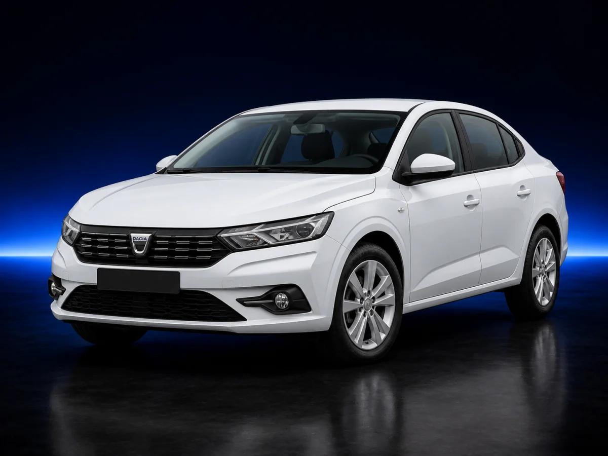 White Dacia Logan third-generation saloon on a deep navy and cobalt studio background.