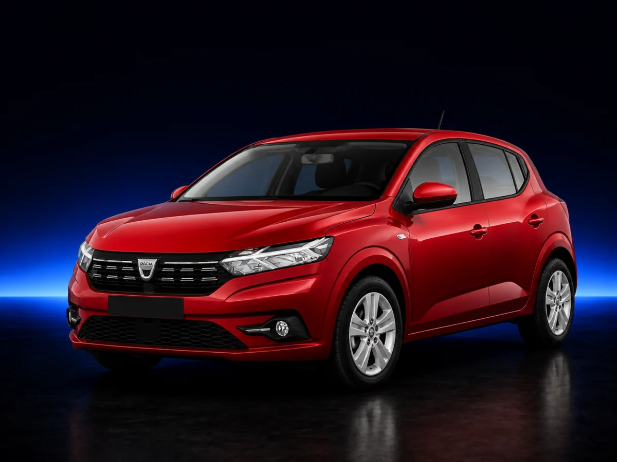 Red Dacia Sandero third-generation hatchback on a deep navy and cobalt studio background.