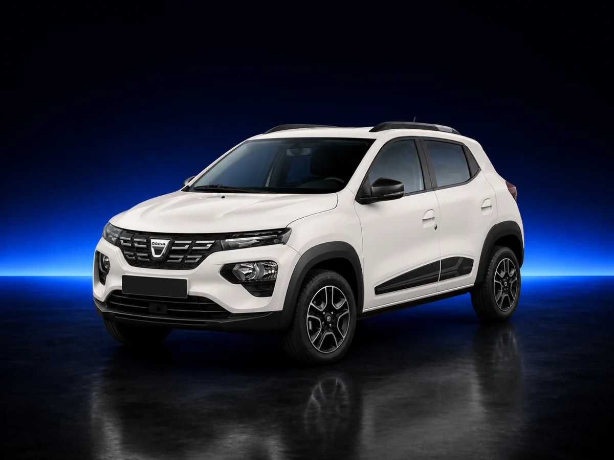 White Dacia Spring first-generation crossover on a deep navy and cobalt studio background.