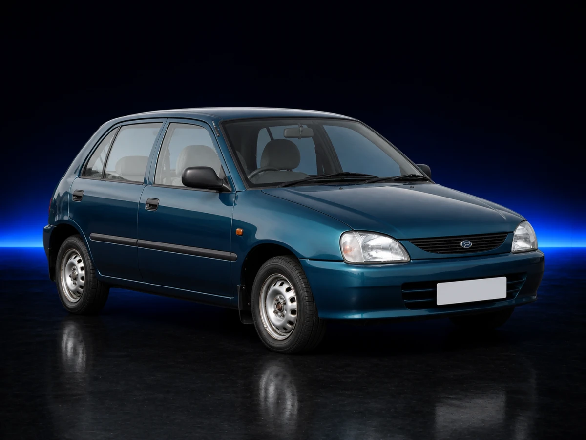 Dark teal Daihatsu Charade IV G200 GLXi five-door hatchback on a deep navy and cobalt studio background.