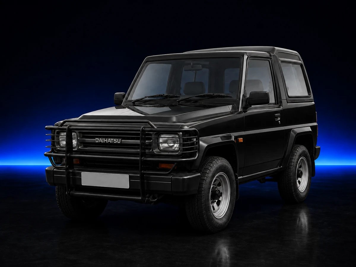 Black Daihatsu Fourtrak F75 three-door SUV on a deep navy and cobalt studio background.