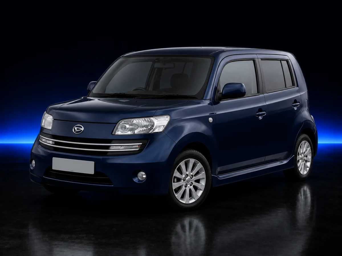 Dark blue Daihatsu Materia I M400 five-door hatchback on a deep navy and cobalt studio background.