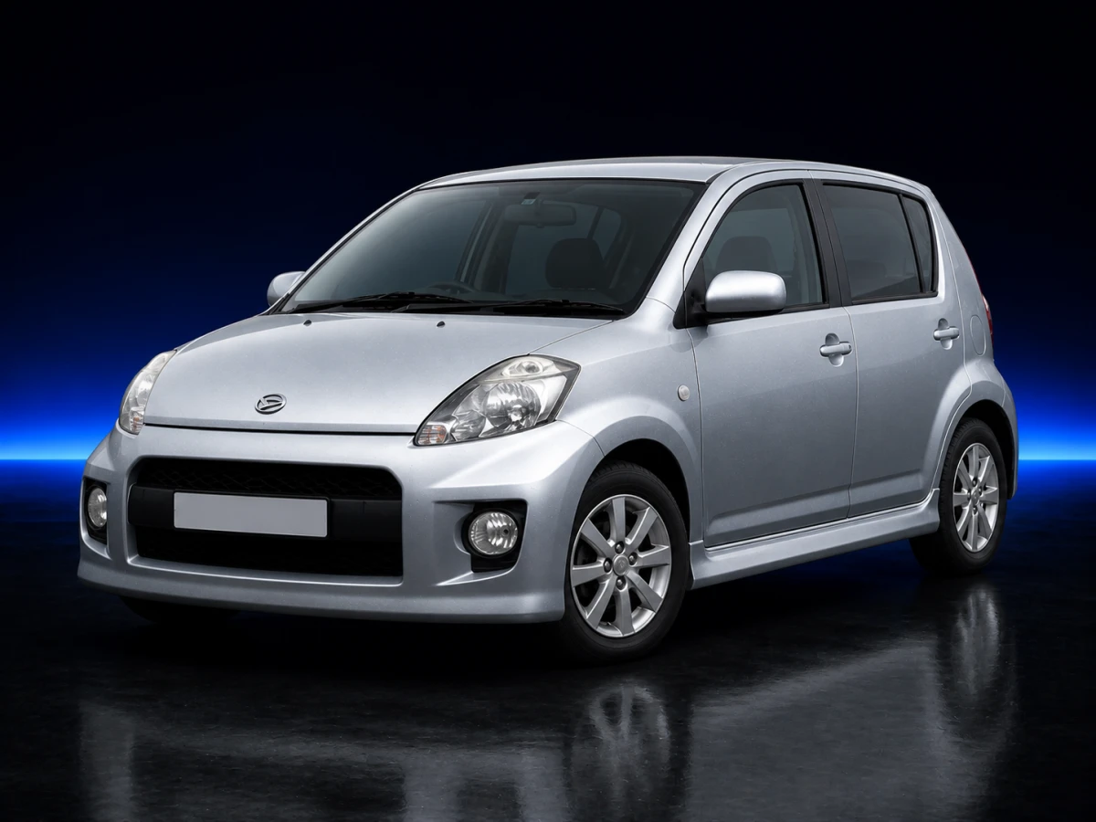 Silver Daihatsu Sirion II M300 SX five-door hatchback on a deep navy and cobalt studio background.