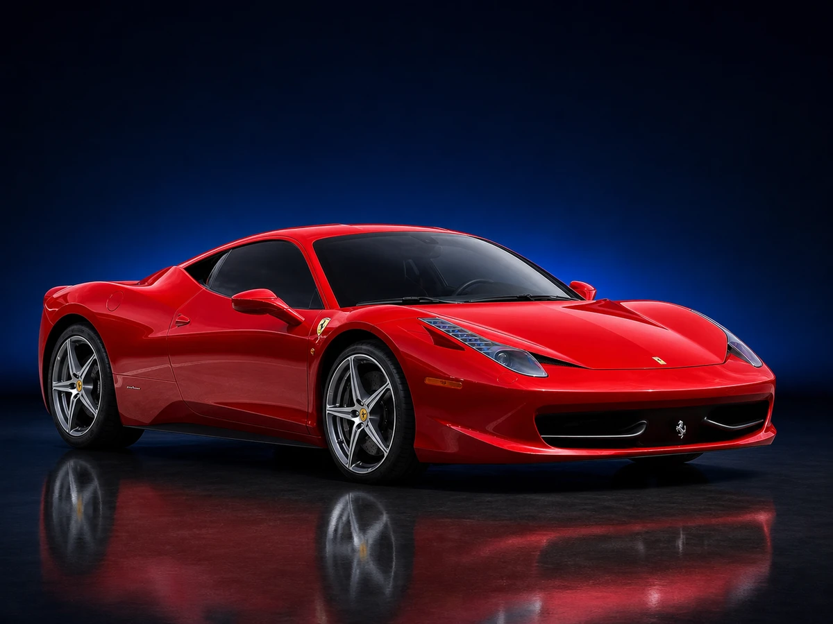 Red Ferrari 458 Italia coupé on a deep navy and cobalt studio background.