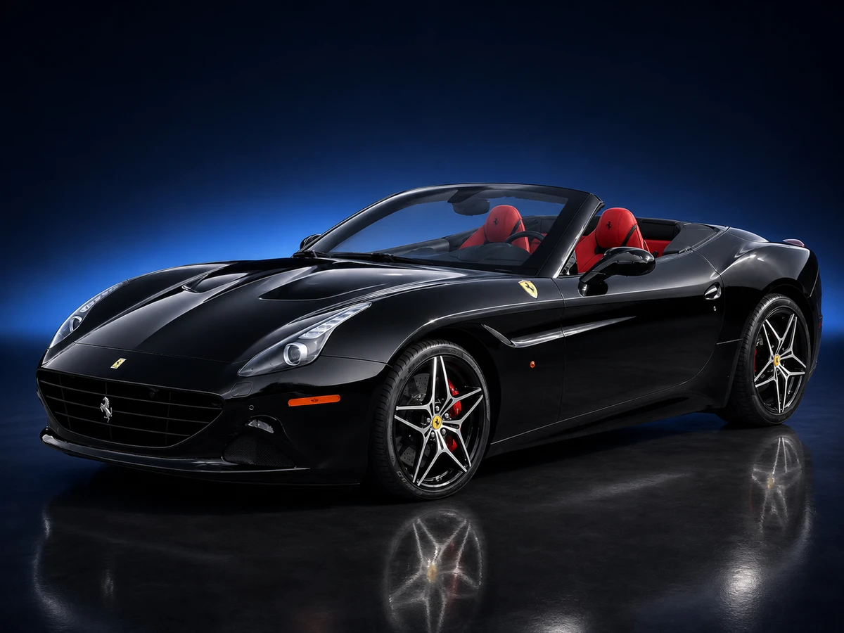 Black Ferrari California T convertible on a deep navy and cobalt studio background.