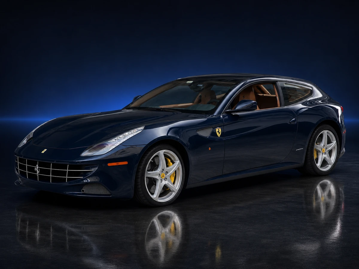 Blue Ferrari FF shooting brake on a deep navy and cobalt studio background.