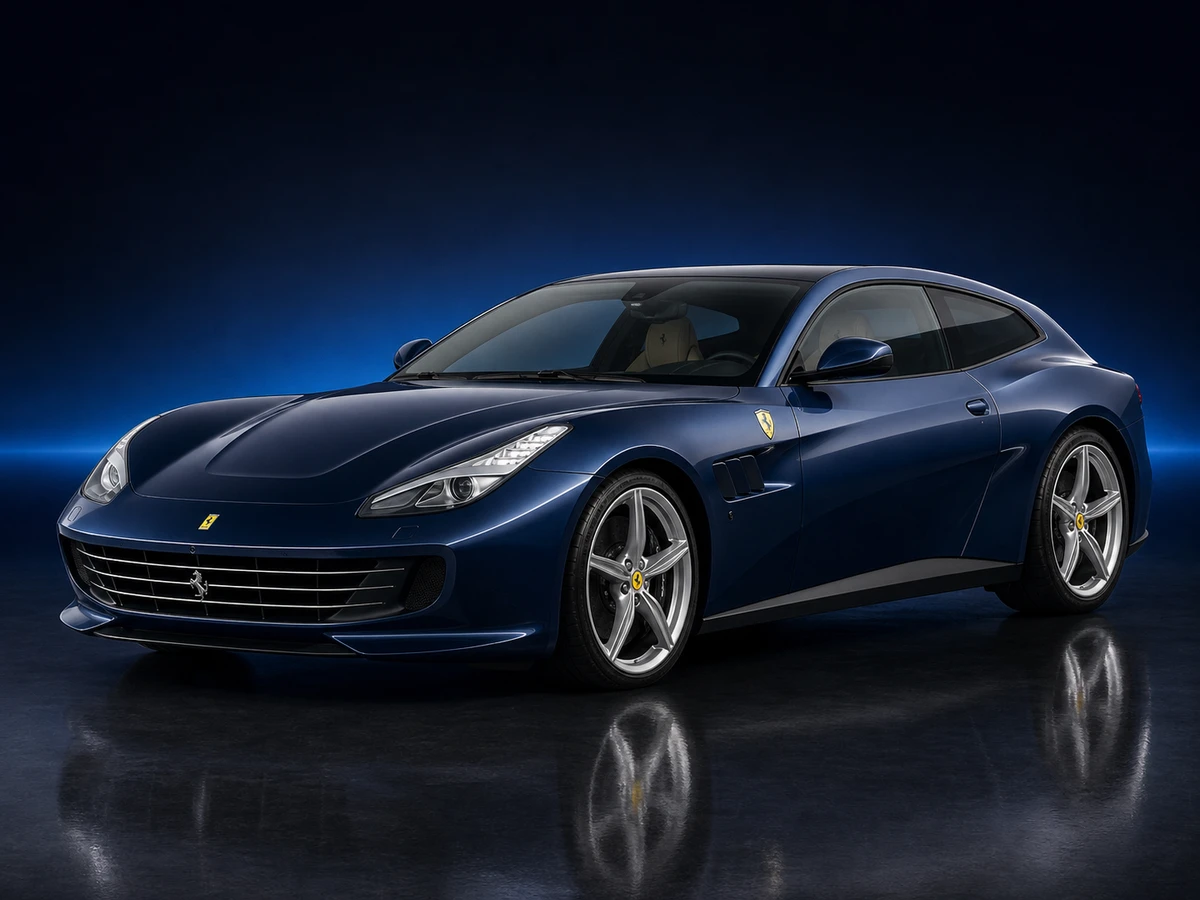 Blue Ferrari GTC4 Lusso shooting brake on a deep navy and cobalt studio background.