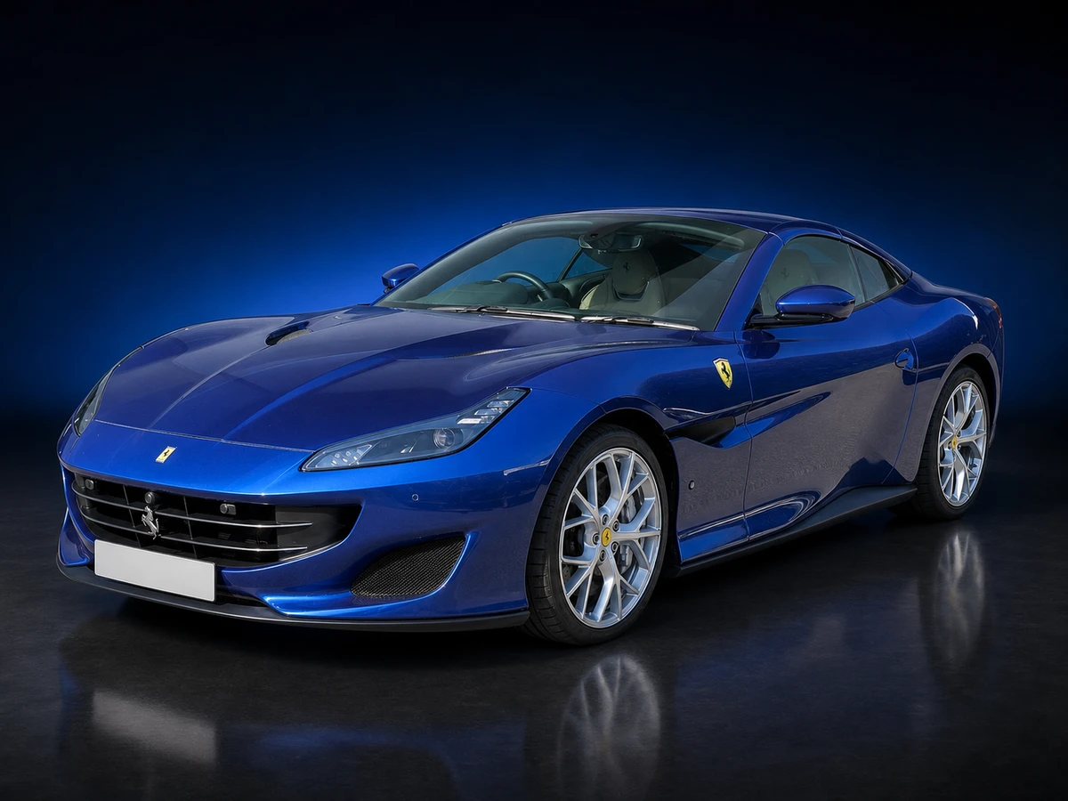 Blue Ferrari Portofino convertible on a deep navy and cobalt studio background.