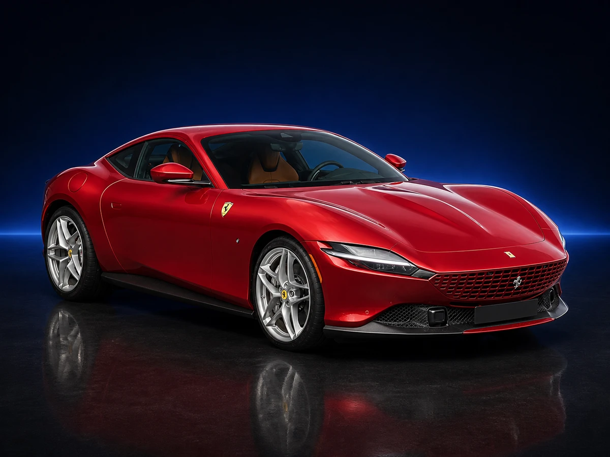 Red Ferrari Roma coupé on a deep navy and cobalt studio background.