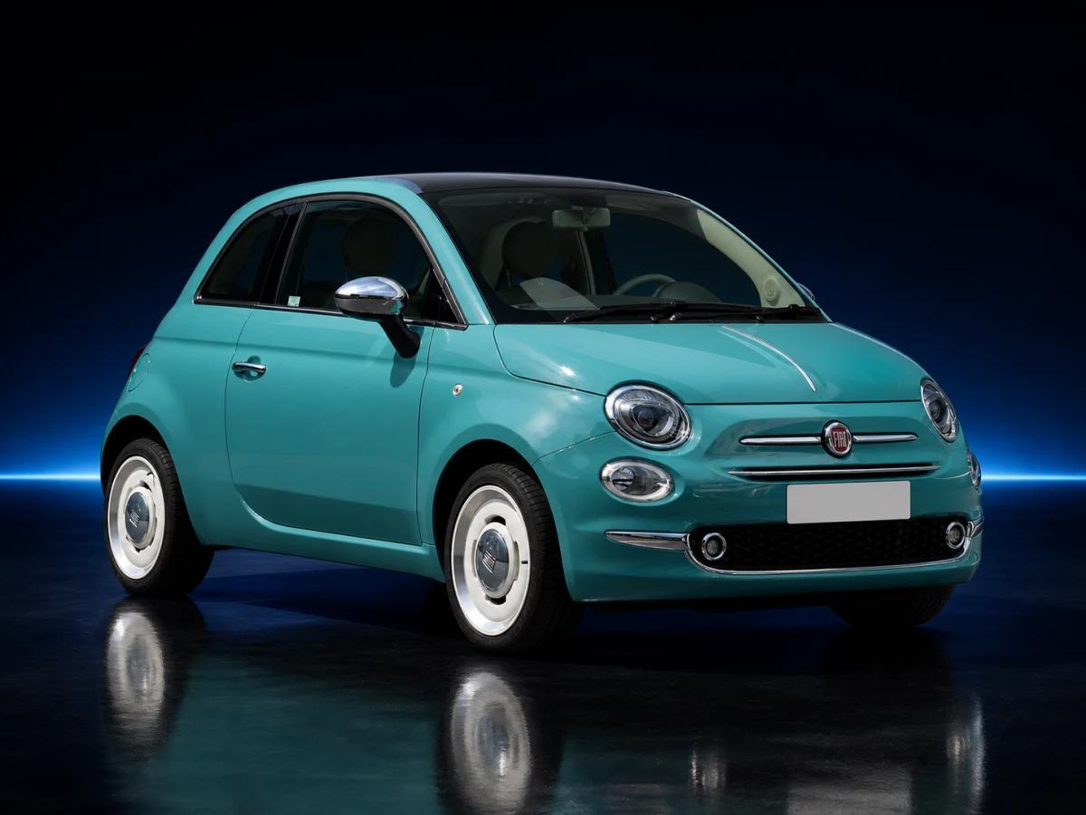 Turquoise Fiat 500 Type 312 facelift on a deep navy and cobalt studio background.