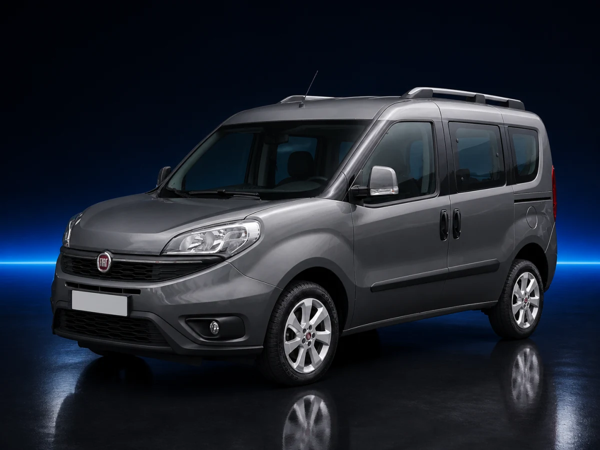 Grey Fiat Doblo Type 263 facelift MPV on a deep navy and cobalt studio background.
