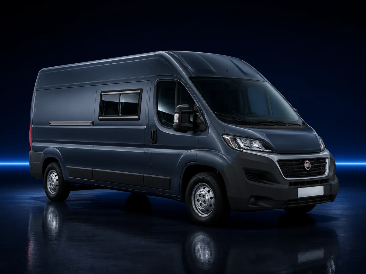 Dark blue Fiat Ducato X290 panel van on a deep navy and cobalt studio background.