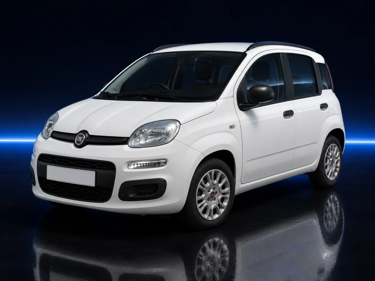 White Fiat Panda Type 319 on a deep navy and cobalt studio background.